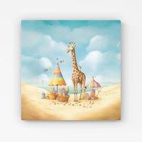 Warren Reed - Designer Giraffe On A Beach Holiday Canvas in Yellow | Size: w10 inch x h10 inch