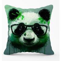 Warren Reed - Designer Panda With Glasses, Green Splashart Outdoor Cushion | Size: 60 cm x 60 cm