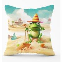 Warren Reed - Designer Happy Frog On A Beach Holiday Outdoor Cushion in Yellow | Size: 60 cm x 60 cm