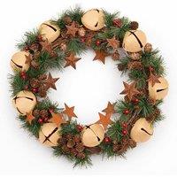 Shatchi 40cm Christmas Wreath with Jingle Bells Stars Pine Cones Berries Leaves for Outdoor in Beige