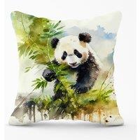Warren Reed - Designer Panda Eating Bamboo Watercolour Outdoor Cushion in Brown | Size: 45 cm x 45 cm