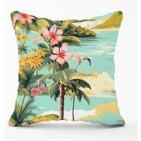 Warren Reed - Designer Palm Trees & Hibiscus Outdoor Cushion in Green | Size: 45 cm x 45 cm