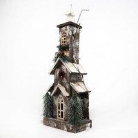 Shatchi Christmas Decoation Battery Operated Wooden House Tabletop Decorated with Berries, Pines & Small Warm White Bulbs in Brown