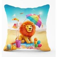 Warren Reed - Designer Lion On A Beach Holiday Outdoor Cushion in Yellow | Size: 60 cm x 60 cm