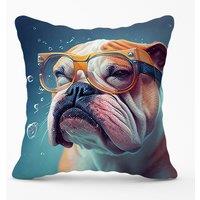 Warren Reed - Designer Bulldog With Glasses Splashart Outdoor Cushion in Brown | Size: 45 cm x 45 cm