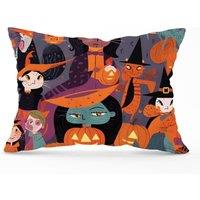 Warren Reed - Designer A Vibrant Illustration Of Witches & Pumpkin Cushions in Orange | Size: 45 cm x 45 cm