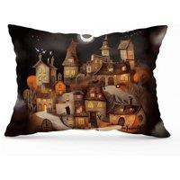 Warren Reed - Designer Spooky Halloween Village Cushions in Orange | Size: 60 cm x 60 cm