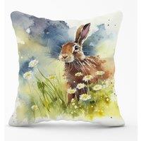 Warren Reed - Designer Hare & Daisies Watercolour Outdoor Cushion in Brown | Size: 60 cm x 60 cm