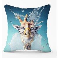 Warren Reed - Designer Giraffe With Glasses Splashart Outdoor Cushion in Blue | Size: 45 cm x 45 cm