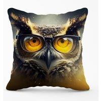 Warren Reed - Designer Owl With Glasses Splashart Outdoor Cushion in Yellow | Size: 60 cm x 60 cm