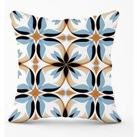 Warren Reed - Designer White Brown & Blue Geometric Pattern Outdoor Cushion | Size: 60 cm x 60 cm