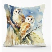 Warren Reed - Designer Barn Owls Watercolour Outdoor Cushion in Brown | Size: 60 cm x 60 cm