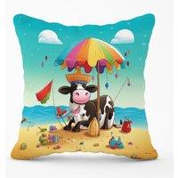 Warren Reed - Designer Cow On A Beach Holiday Outdoor Cushion in Yellow | Size: 60 cm x 60 cm