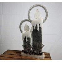 Shatchi 51Cm Christmas Pre Lit Twin Candles Battery Operated Glitter Foam Snow Covered Finish Table Decoration Grey