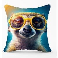 Warren Reed - Designer Meerkat With Glasses Splashart Outdoor Cushion in Yellow | Size: 45 cm x 45 cm