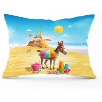 Warren Reed - Designer Donkey On A Beach Holiday Cushions in Yellow | Size: 45 cm x 45 cm