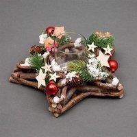 Shatchi Star Shape Wooden Candle Holder Tabletop Centrepiece Christmas Decorated with Red/Silver Baubles, Berries & Cones
