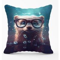 Warren Reed - Designer Ferret With Glasses Splashart Water Outdoor Cushion in Blue | Size: 45 cm x 45 cm