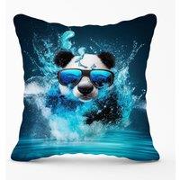 Warren Reed - Designer Panda With Glasses Splashart Water Outdoor Cushion in Blue | Size: 45 cm x 45 cm