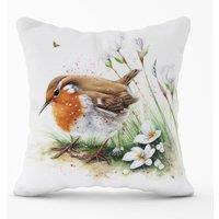 Warren Reed - Designer Robin & Daisies Watercolour Outdoor Cushion in Brown | Size: 60 cm x 60 cm