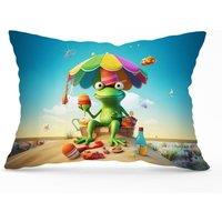 Warren Reed - Designer Frog On A Beach Holiday Cushions in Yellow | Size: 45 cm x 45 cm