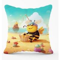 Warren Reed - Designer Bumblebee On A Beach Holiday Outdoor Cushion in Yellow | Size: 60 cm x 60 cm
