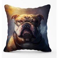 Warren Reed - Designer Bulldog With Glasses Splashart Golden Outdoor Cushion in Brown | Size: 45 cm x 45 cm