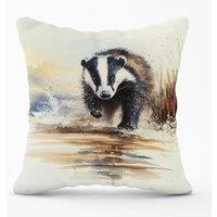 Warren Reed - Designer Wading Badger Watercolour Outdoor Cushion in Brown | Size: 60 cm x 60 cm