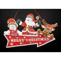 Shatchi Christmas Plaque Arrow Merry Christmas Santa Clause Snowman Reindeer Holding This Way Sign Door Hanging Decoration in Red