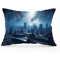 Warren Reed - Designer A Breathtaking Scene Of A Moonlit Graveyard Cushions in Blue | Size: 45 cm x 45 cm