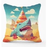Warren Reed - Designer Shark On A Beach Holiday Outdoor Cushion in Yellow | Size: 60 cm x 60 cm
