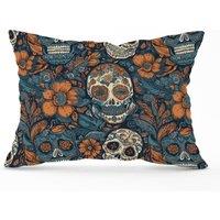 Warren Reed - Designer Dia De Los Muertos Skulls Pattern Cushions in Blue | Size: 45 cm x 45 cm