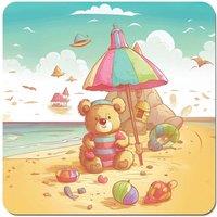 Warren Reed - Designer Lucky Teddy Bear On A Beach Holiday Coasters - Set of 4 in Yellow