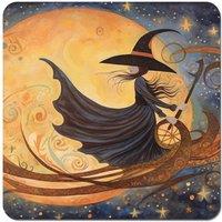 Warren Reed - Designer Imaginative Painting Of A Whimsical Witch On A Broomstick Coasters - Set of 4 in Orange