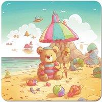 Warren Reed - Designer Teddy Bead On A Beach Holiday Coasters - Set of 4 in Yellow