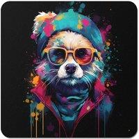 Warren Reed - Designer Multi Coloured Splashart Dog With Glasses Coasters - Set of 4 in Blue