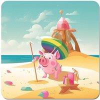 Warren Reed - Designer Piglet On A Beach Holiday Coasters - Set of 4 in Yellow