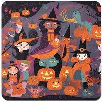 Warren Reed - Designer A Vibrant & Colorful Illustration Of Witches & Pumpkin Coasters - Set of 4 in Orange