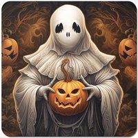 Warren Reed - Designer Spooky White Ghost Holding Pumpkin Coasters - Set of 4