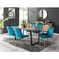 FurnitureboxUK Kylo Large Brown Wood Effect Dining Table & 6 Pesaro Velvet Silver Leg Chairs in Blue