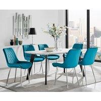 FurnitureboxUK Andria Marble Effect Dining Table With Black Legs & 6 Pesaro Velvet Silver Leg Chairs in Blue