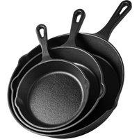 VonShef Preseasoned Non-Stick Heavy Duty 3Pc Cast Iron Skillet Pan Set in Black