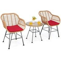 Costway 3 Pieces Patio Bistro Set Outdoor PE Rattan Armchairs w/Tempered Glass Table
