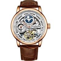 STHRLING Original Men's Stuhrling 3917 Automatic Skeleton Watch Dual Time Subdial, AM/PM Indicator, & Alligator-Embossed Leather Strap for