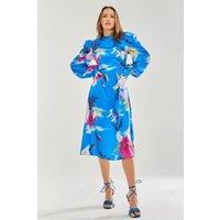 Liquorish Women's Blue Floral Satin Cut Out Back Midi Dress | Size: 10