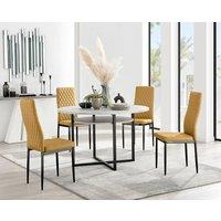 FurnitureboxUK Adley Grey Concrete Effect & Black Round Dining Table with Shelf & 4 Velvet Milan Dining Chairs in Mustard