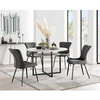 FurnitureboxUK Adley Grey Concrete Effect Round Dining Table & 4 Nora Black Leg Velvet Chairs in Dark Grey
