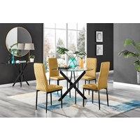 Novara 4 Seater Black Leg Round Glass Dining Table & 4 Milan Soft Velvet Black Leg Chairs