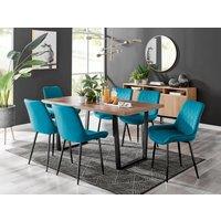 FurnitureboxUK Kylo Large Brown Wood Effect Dining Table & 6 Pesaro Velvet Black Leg Chairs in Blue