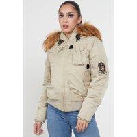 Love Sunshine Women's Womens Bomber Para Jacket with Faux Fur on Hood in Beige | Size: 10